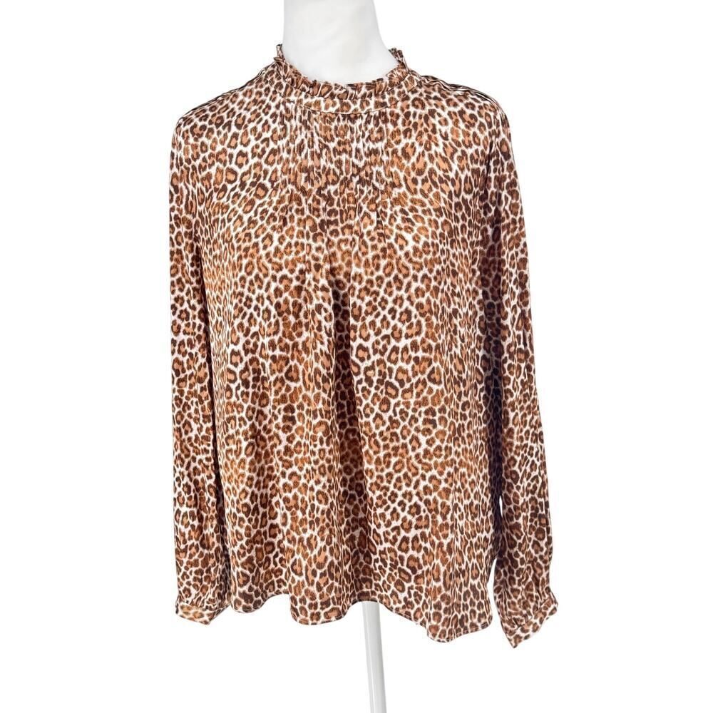 J.Crew Leopard Print Ruffle Neck Blouse Long Sleeve Polyester Size L Animal